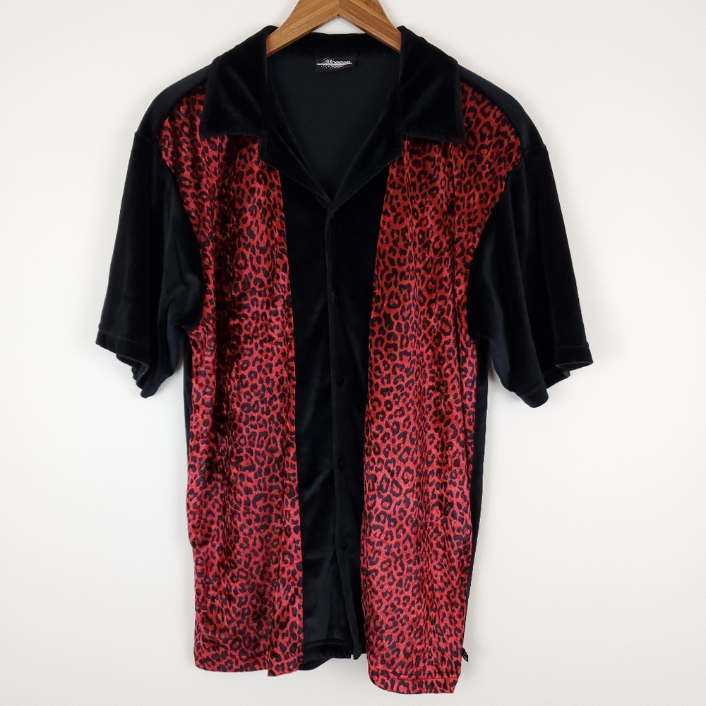 Vintage Hoax Red & Black Leopard Print Velour Bowling Style Shirt